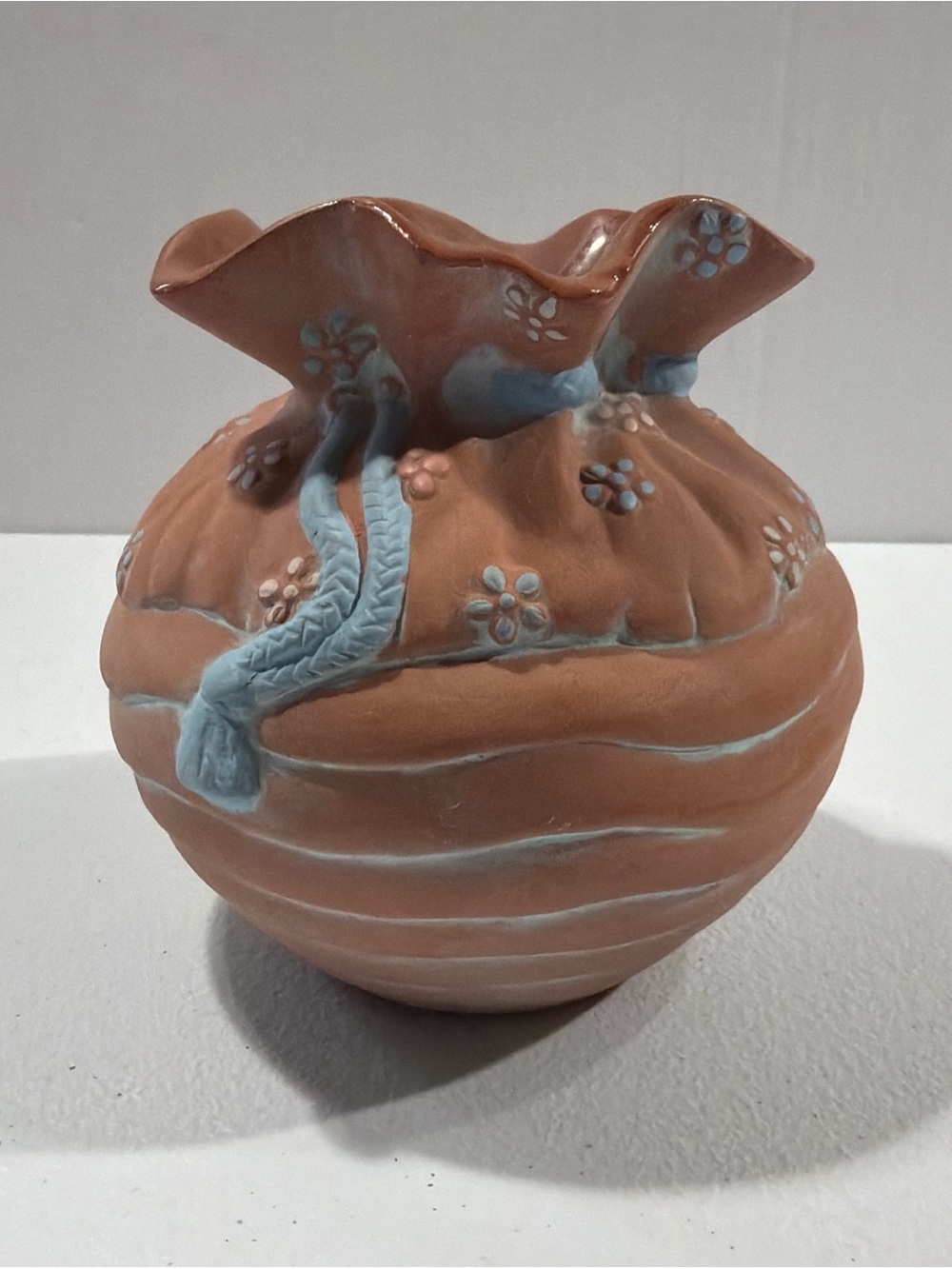 Handcrafted Terracotta-Style Blue Accent Decorative Vase - Home Art